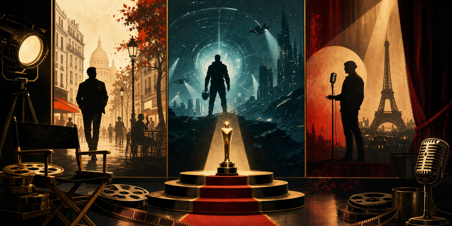 Cinema collage representing Omar Sy's career range