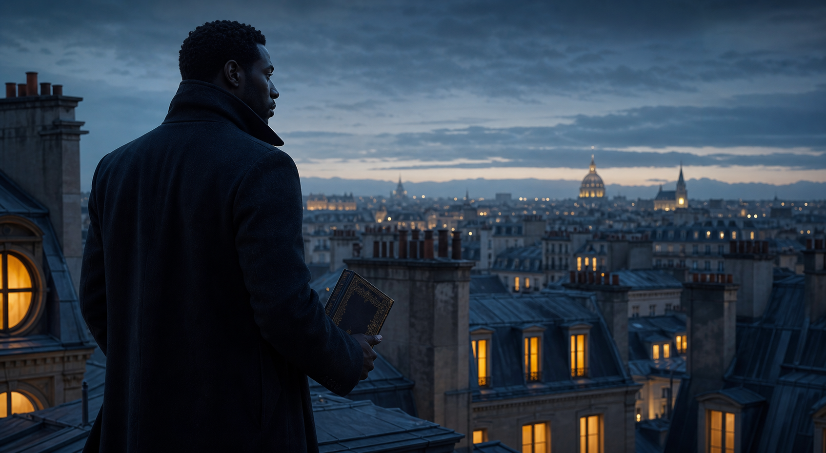Paris rooftop mystery scene inspired by Omar Sy's screen roles